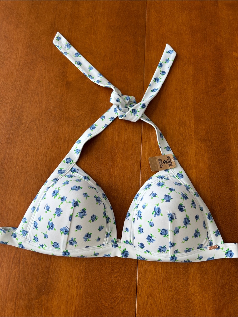 PINK Victoria's Secret White Bikini Top with Blue Floral Print